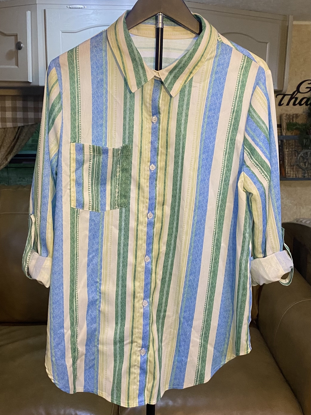 Kids Striped Button-Up Shirt in Blue, Green & Cream